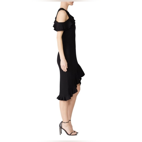 ALC Kellam Black Ribbed Cold Shoulder Ruffle Trim Stretch Knit Midi Dress Large - Picture 2 of 16